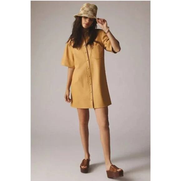 Anthropologie Dresses & Skirts - Maeve Anthropologie Faux Leather Shirt Dress Honey Tan Mini Short Sleeve M